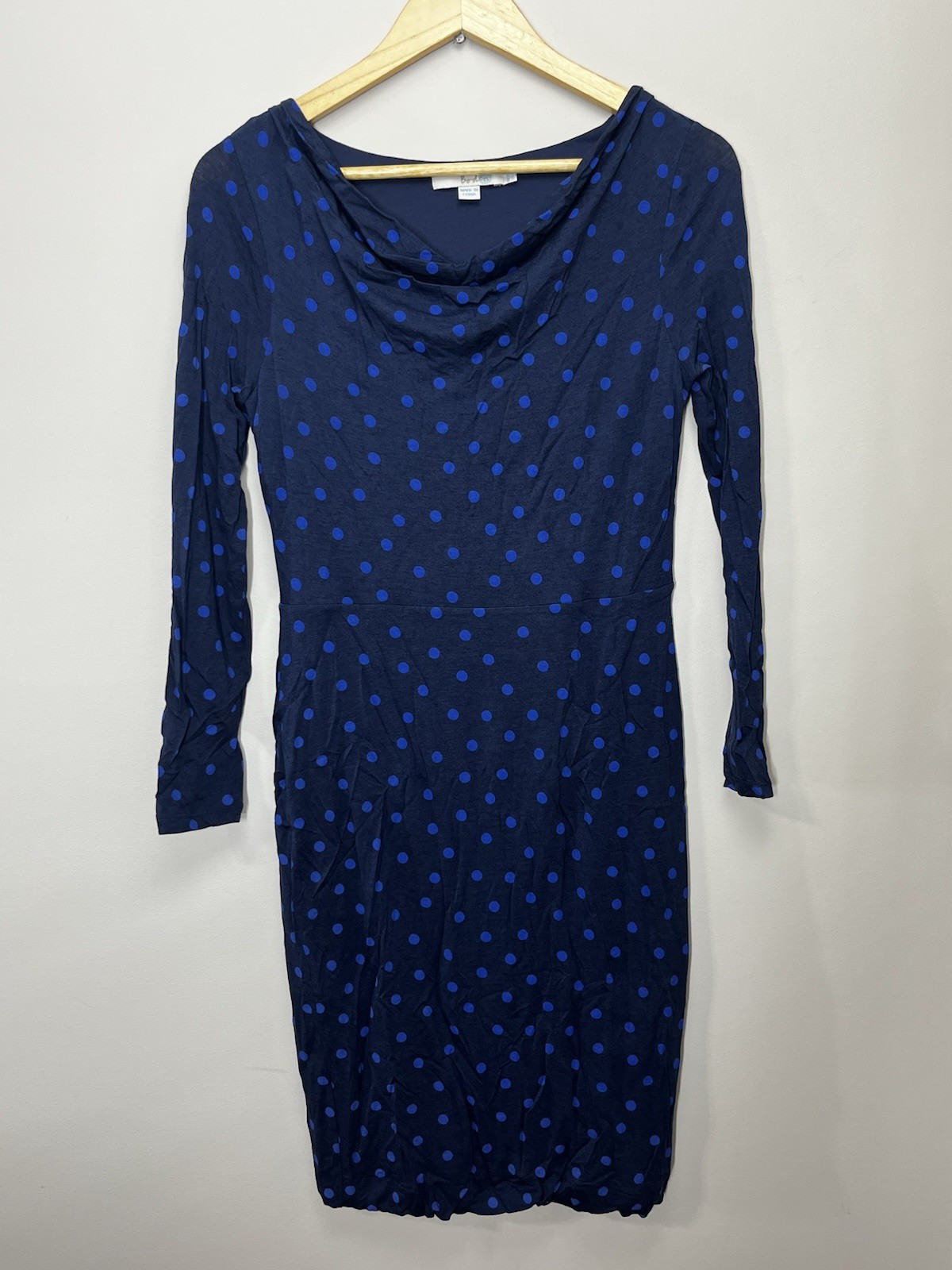 Boden Knit Sheath Dress Womens 6 Blue Polka Dot Cowl Neck Long Sleeve Wool Blend
