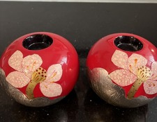 A Pair Of Attractive Red Candle Holders With Oriental Design Made In Vietnam