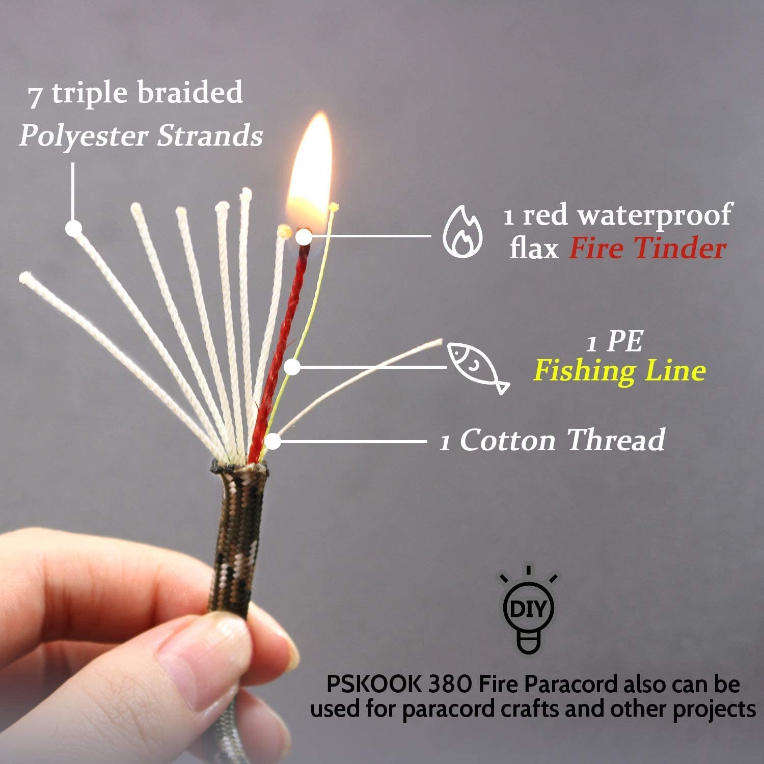 PSKOOK Survival Paracord Parachute Fire Cord Ropes Red Tinder PE Fishing Line