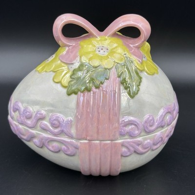 1989 Ceramic Easter Egg Trinket Box Pink Bow Floral Iridescent Mom Mary Ann