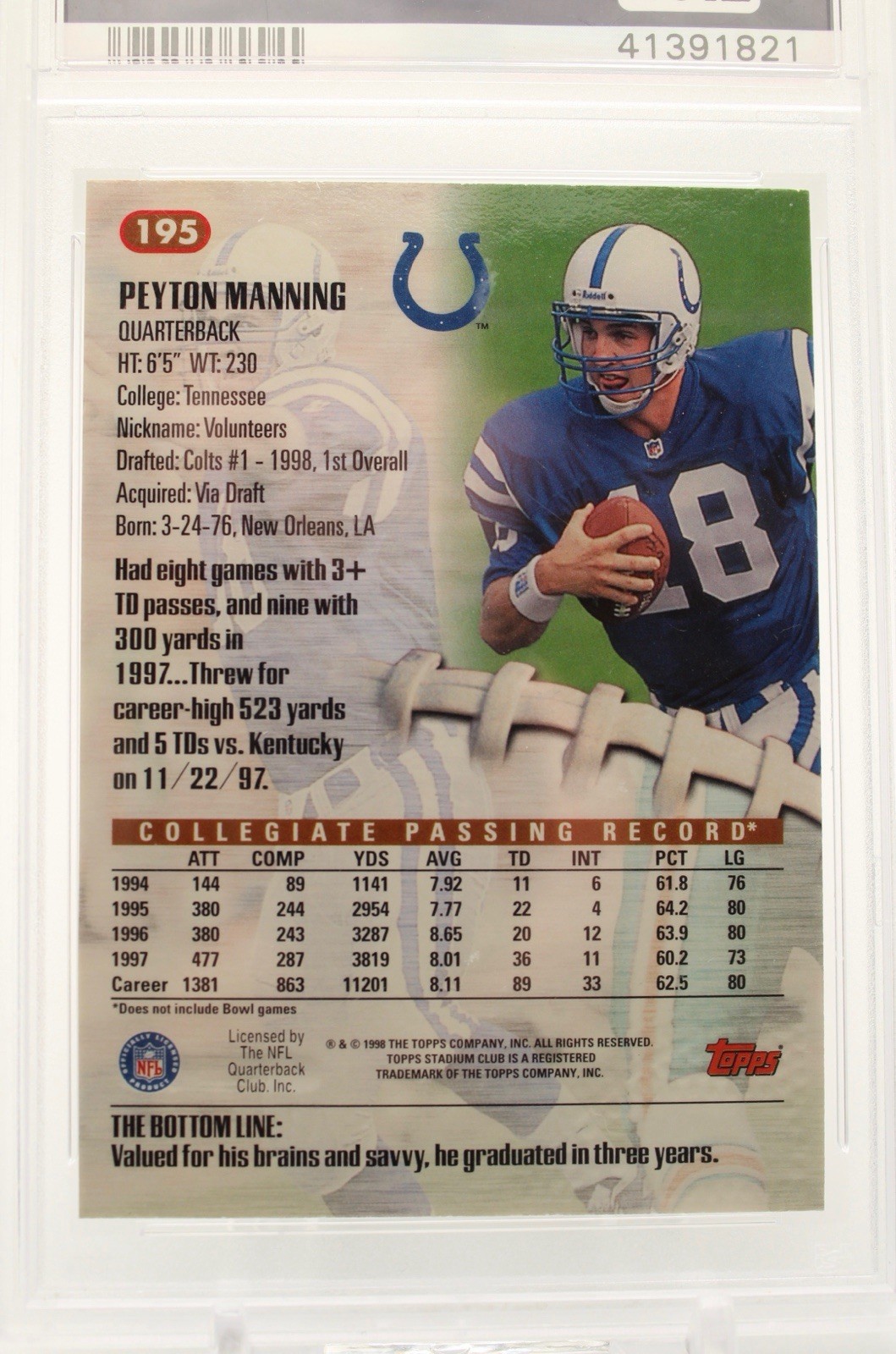 1998 Topps Stadium Club Peyton Manning RC #195 PSA 10 GEM MINT (ROOKIE CARD) view 4