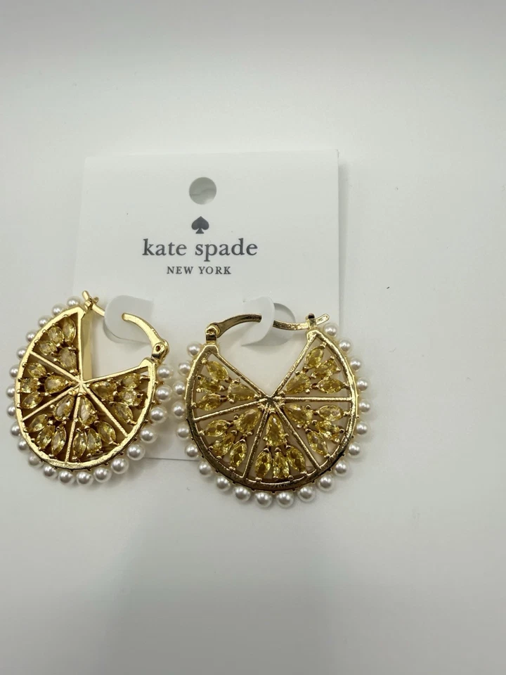 KATE SPADE Gold Lemon Slice CZ & Pearl Hoops earrings New on Card Gift Sparkle - Image 2 of 4