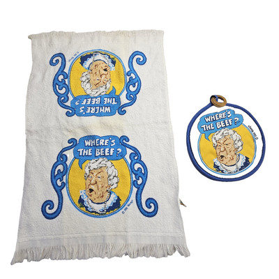 VTG 1984 Wendy s Restaurant WHERE'S THE BEEF  Dish Towel And Pot Holder