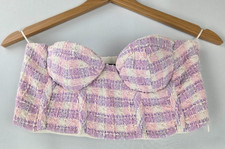 ZARA Bustier Corset Top Tweed Pink White Purple Sweetheart Neckline Small NWT