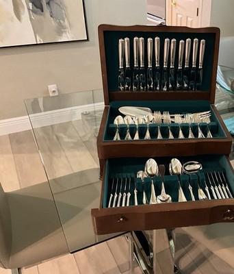 Christofle Silver Plated 104 pc Flatware Set for 12 Beaded w/ Wood Case