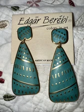 Vintage 80’s Edgar Berebi Teal Enamel Goldtone Geometric Large Pierced Earrings
