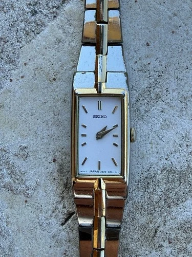 Vintage Seiko Tank Watch Women White Face two Tone Rectangle 2E20-7479 New