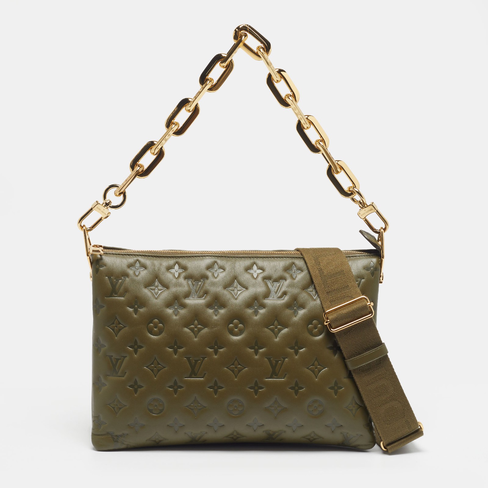 Louis Vuitton Coussin MM Khaki Monogram Embossed Leather Shoulder Bag