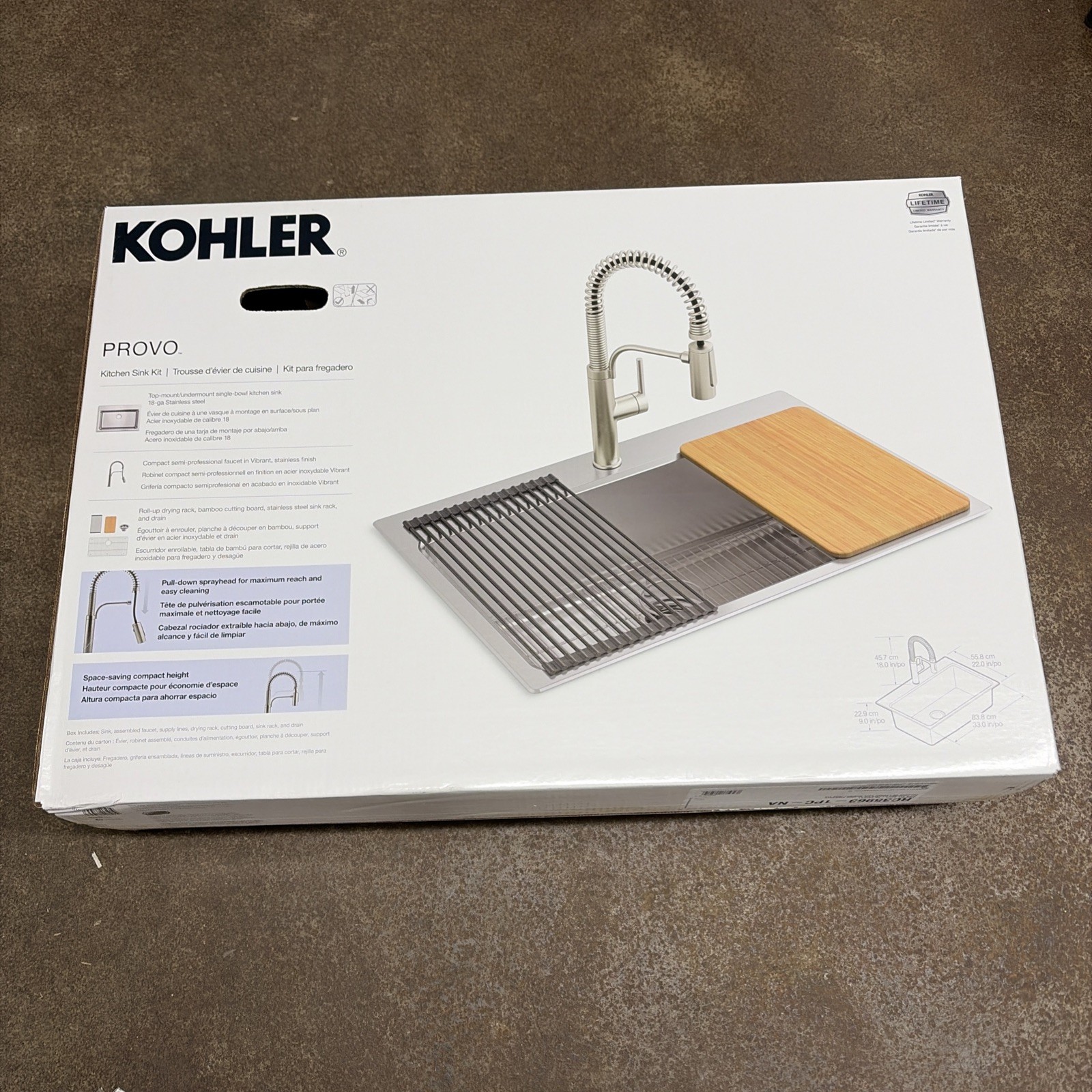 Kohler Provo Stainless Steel Kitchen Sink Kit Pull Down Spray Faucet . Open box
