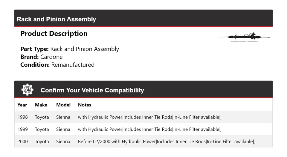 Conjunto de piñón y cremallera Cardone 1999 para Toyota Sienna 1998-2000 Foto 2 de 4