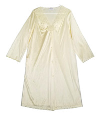 Vanity Fair Gown Robe Silky Nylon Sz M Yellow Button Up Long Sleeve Lace Pocket