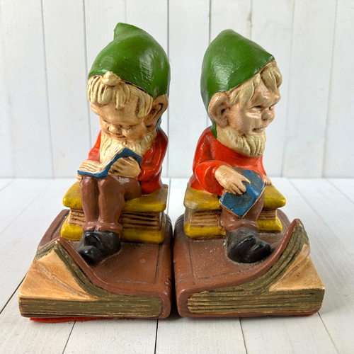 VTG GNOME BOOKENDS PAIR SITTING BOOKS READING ELF RETRO Mid Century
