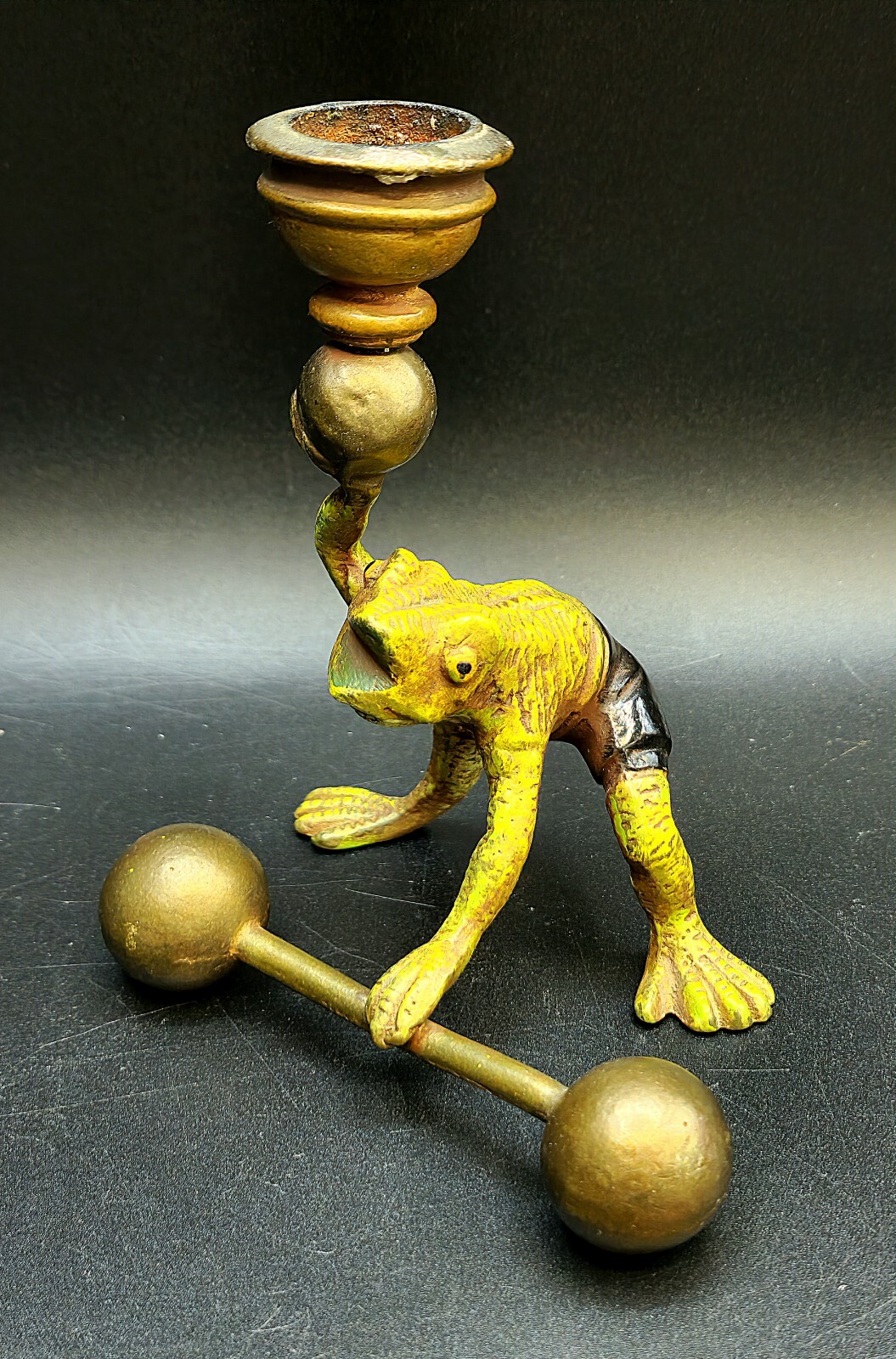 Antique Austrian Cold Painted Bronze Frog Barbell Candlestic