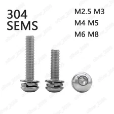 304 Stainless Steel Hex Socket Bolts Button Head SEMS Screws Flat Spring Washers