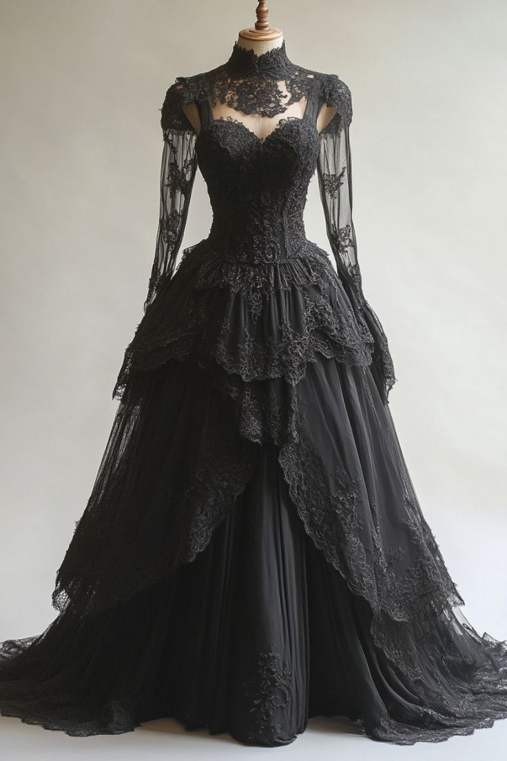 Black Gothic Wedding Dresses with Long Sleeves High Neck Lace Ruffle Bridal Gown | eBay Australia Black Gothic Wedding Dresses with Long Sleeves High Neck Lace Ruffle Bridal Gown | eBay Australia