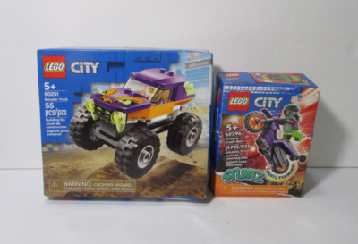 lot fo 2 Lego City Monster Truck 60251 and Wheelie Stunt Bike 60296 vehicles
