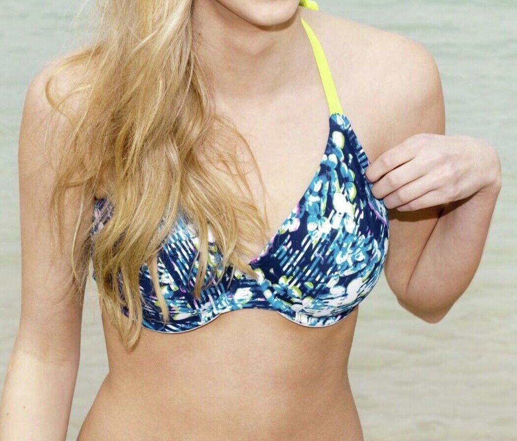 Panache Cleo Blaire Bikini Top Size 30D Blue Underwired Plunge Halter Bra 0255