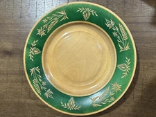 Carved Light Wood 9” Plate Green Trim Floral Pattern Gallery Wall Decor OOAK see