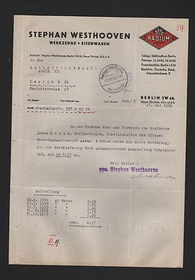 BERLIN, Brief 1939, Stephan Westhooven Werkzeuge Eisenwaren