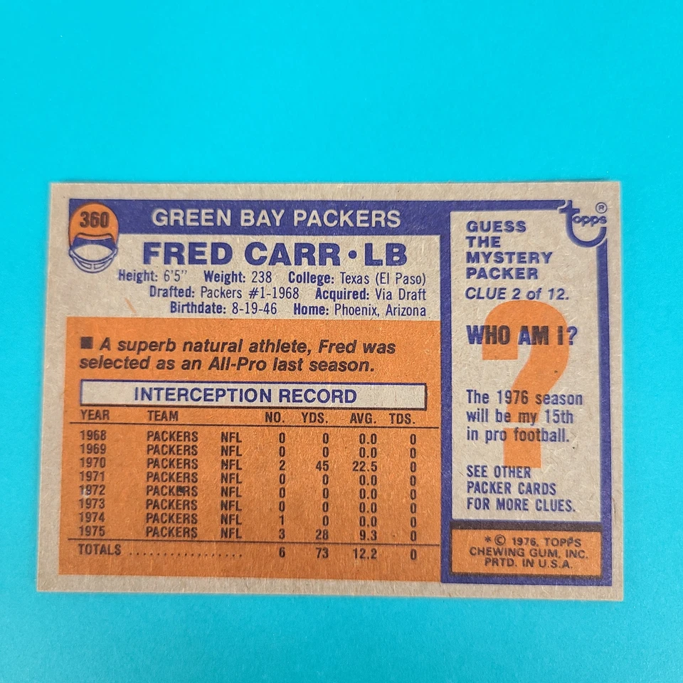 1976 Topps #360 Fred Carr Green Bay Packers FOOTBALL Card 1C - Image 2 of 2