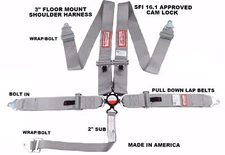 GRAY SAFETY HARNESS CAM LOCK RACING 5 POINT 3" SFI 16.1 FLOOR MOUNT BOLT IN BELT