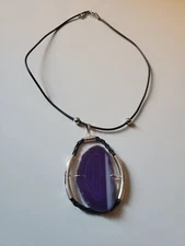 Elegant Purple Agate Slice Pendant Necklace on Black Cord with Silver-Tone Accen