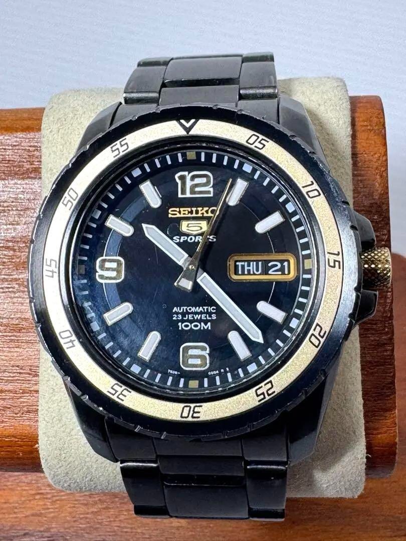 Seiko 5 Sports Black Gold Dial Automatic Watch Japan Made 37mm