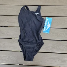 TYR The Finals Youth Girl Solid Black Swimsuit Super V Back No Foil Size 22 New