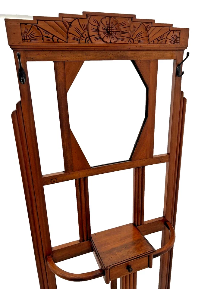 Raro árbol de pasillo Art Deco, espejo, agujero de gusano arce, cajón paraguas soporte sombrero estante Foto 3 de 4