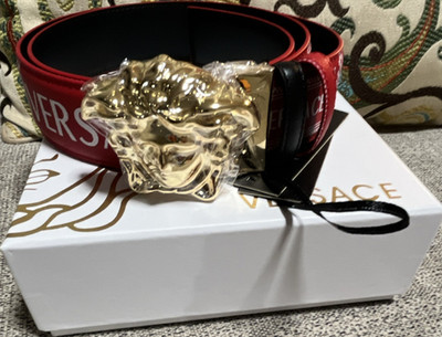 Versace Women's Red Wide Waist Belt Gold Medusa Logo Buckle Size 34