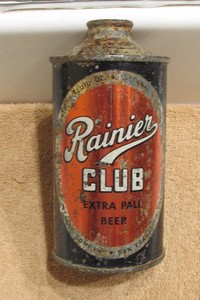 1930s RAINIER CLUB BEER, IRTP, cone top beer can, San Francisco, California