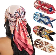 4PCS Head Scarf for Women 35” Head Scarves Silk Like Satin Neck Scarfs Square Ba