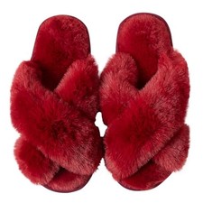 Women's Slipper Memory Foam Cross Band Fuzzy Slippers Open Toe Cozy 9-10 Q-red