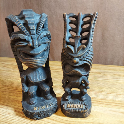 Vintage Set of 2 Tiki Statues Happiness and Long Life Wood Kaneoche Hawaii HI