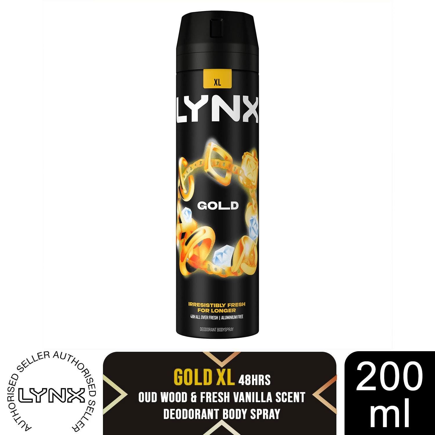 Lynx Gold XL Body Spray 200ml Mens Deodorant 48H Protection Oud Vanilla Scent
