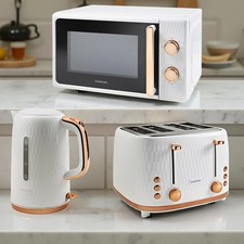 Goodmans Kitchen Set Microwave Toaster & Kettle White, Rose Gold Honeycomb 3pc