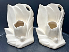 1940's Nelson McCoy Pottery Lily Bud Vase Ivory White Pair Bookends