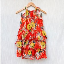 Zimmermann Girl Red Floral Print Tiered Cotton Sleeveless Mini Dress, size 8