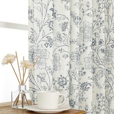 Blue Floral Linen Curtains Back Tabs Rod Pocket Semi Sheer Farmhouse Window C...