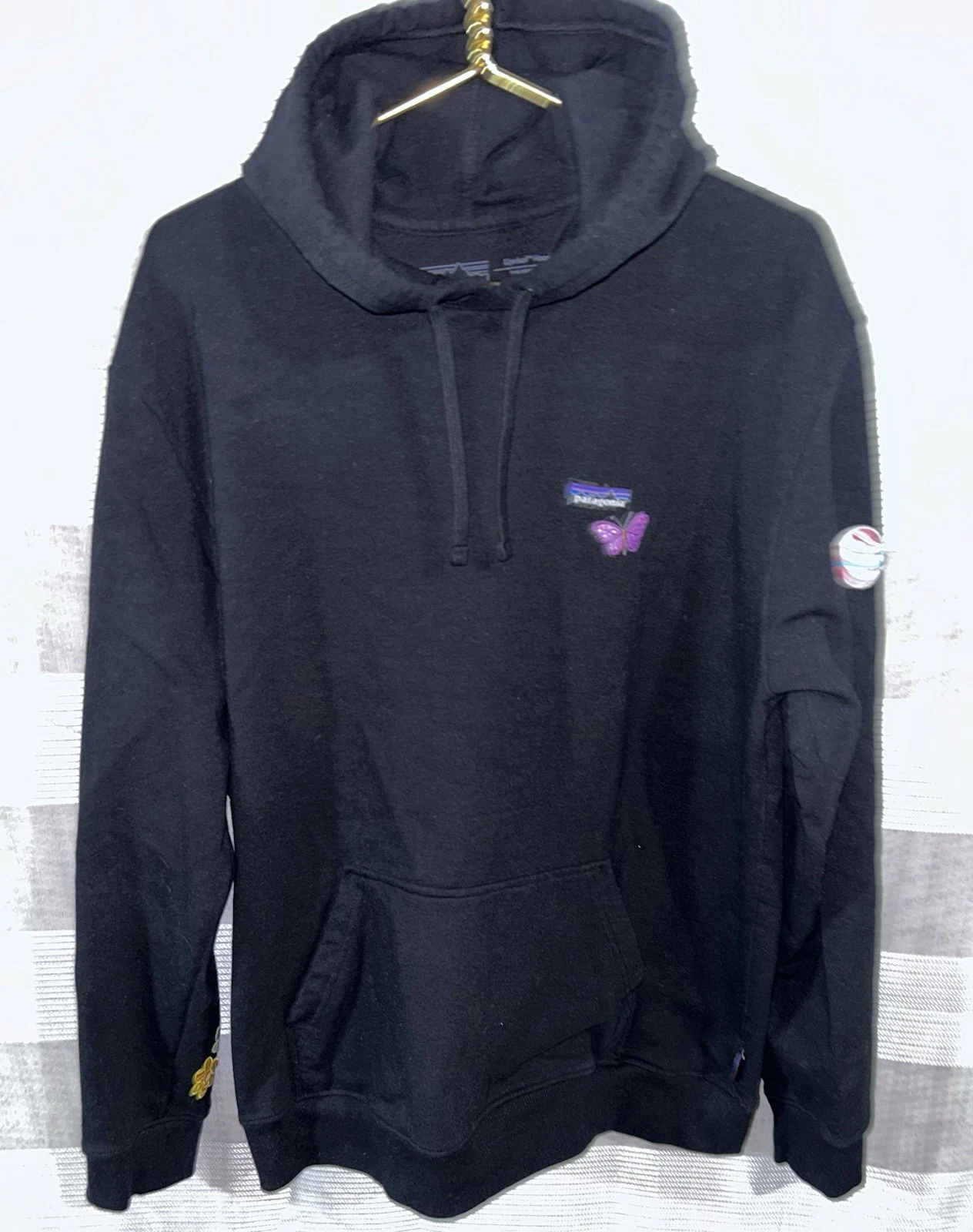 Custom patched Patagonia Uprisal Black Hoodie Womens XL Super Thick 28x24