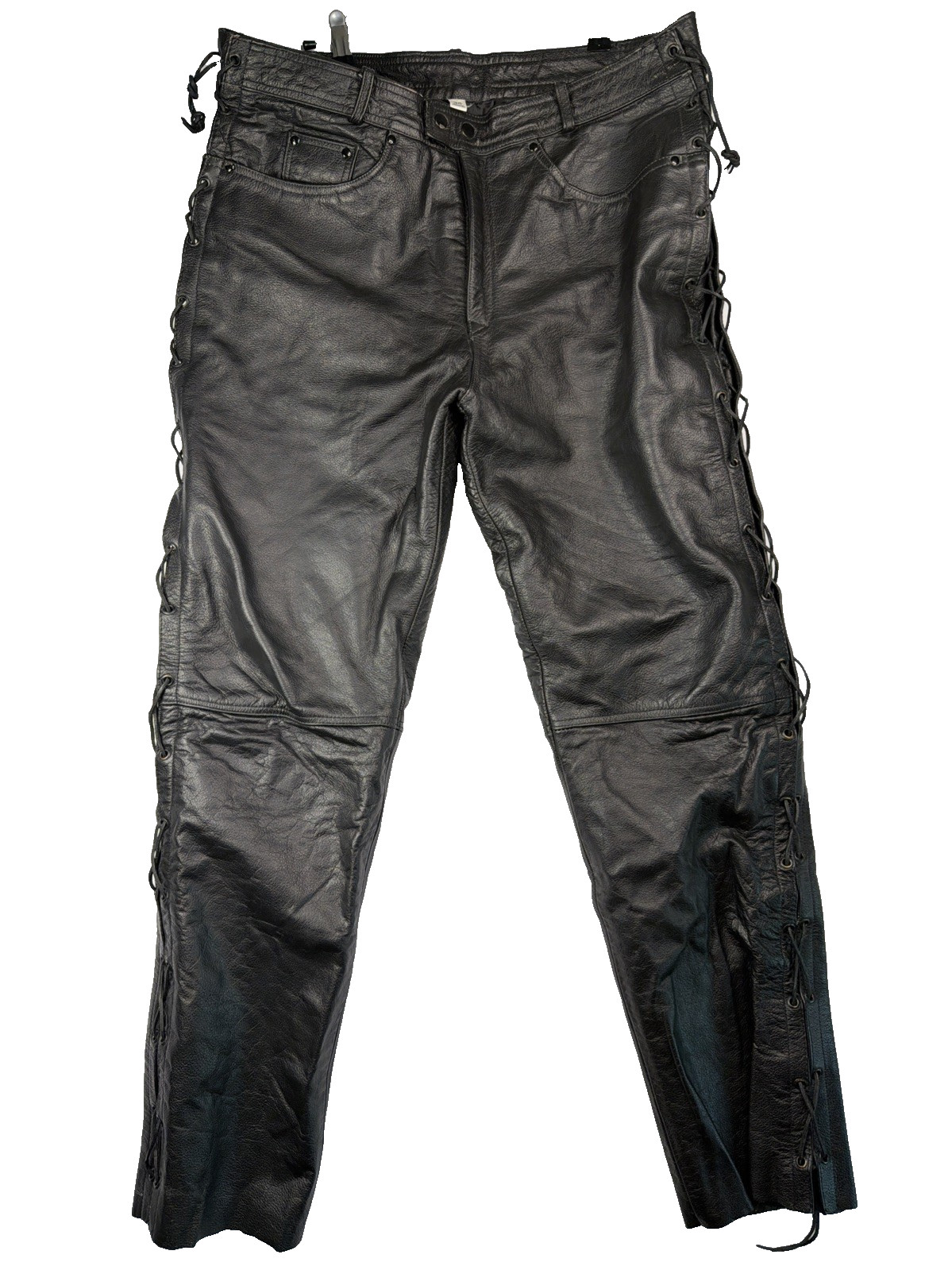 Men's Genuine Real Leather Motorcycle Pants Lace Up Sides Black Rawhide Sz 38x32
