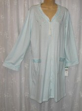 NWT LARGE MISS ELAINE BLUE WHITE STRIPED EMBROIDERED POLY COTTON ZIP FRONT ROBE