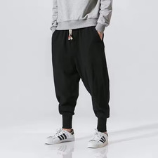 Men Cotton Linen Harem Pants Elastic Waist Baggy Casual Jogger Trousers