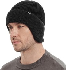 Winter Fleece Line Beanie with Earflap for Men Women, Outdoor Warm Thermal Hat
