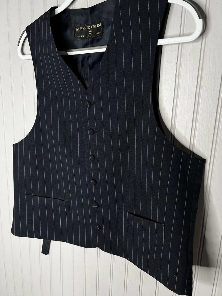 Traje Alberto Cellini 3 Piezas Para Hombre Grande Negro Rayas Chaleco Pantalones Super 120s Foto 4 de 4