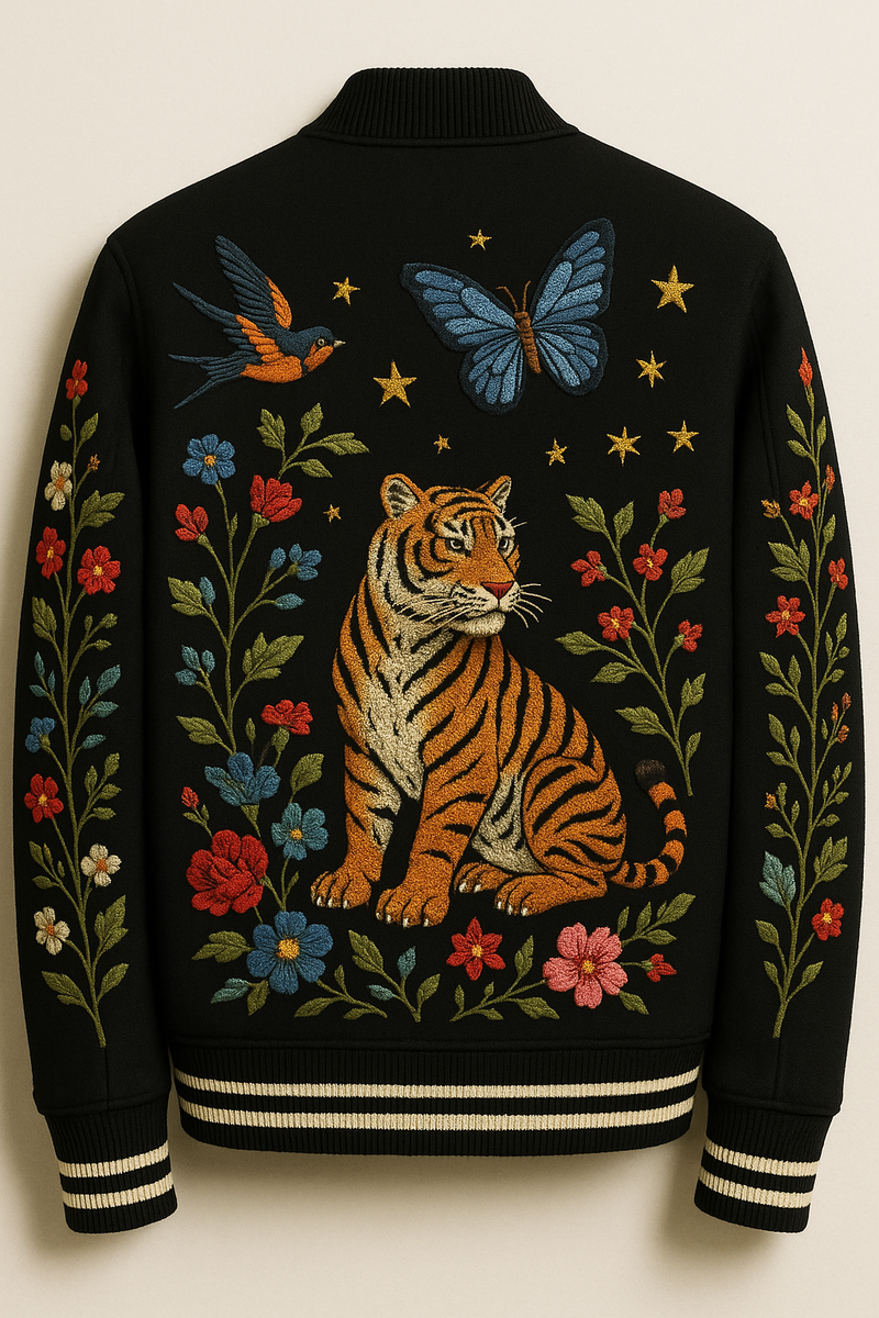 r*m様 ROSE EMBROIDERY JACKET AMERI Amiri Black Varsity Jacket with Single Red Rose Embroidery