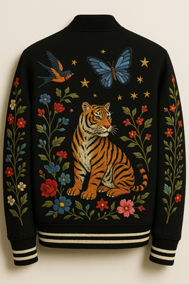 Amiri Black Varsity Jacket with Single Red Rose Embroidery