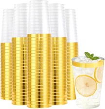 100 Pack 12 oz Gold Plastic Cups, Disposable Clear Plastic Cups for Cocktail