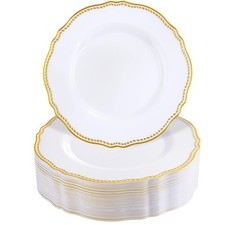 60pcs Gold Plastic Plates - White and Gold Disposable Dinnerware with Gold Ri...
