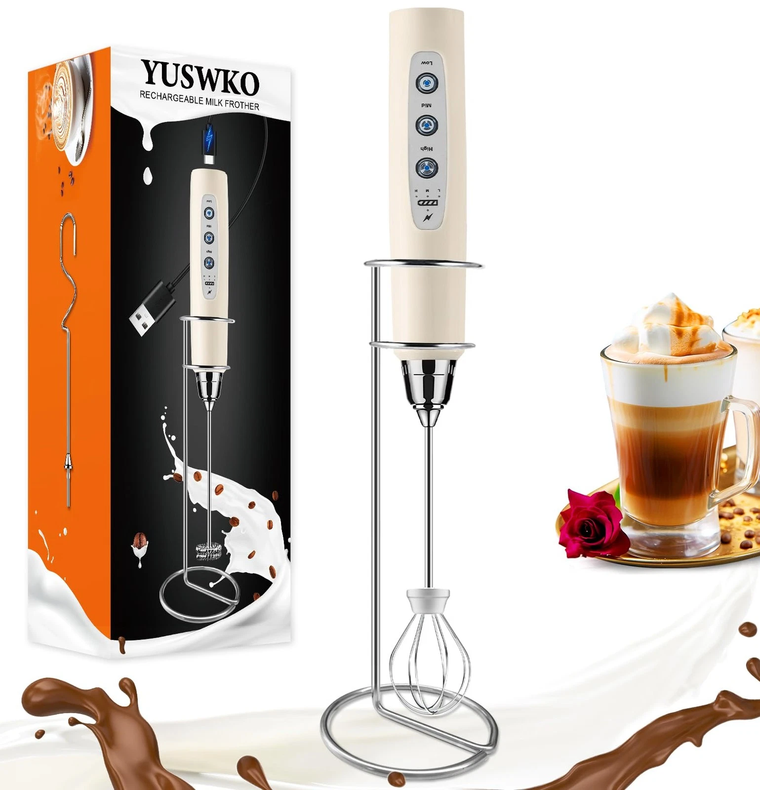 YUSWKO Beige Handheld Milk Frother Wand with Stand for Coffee, Rechargeable E...